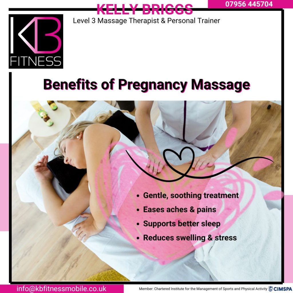 Pregnancy massage benefits chart – ease back pain, reduce swelling, improve sleep and circulation, by Kelly Briggs in Brentwood.