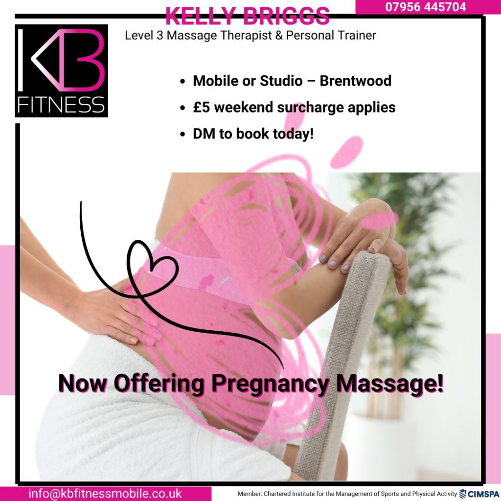 Now offering pregnancy massage in Brentwood - mobile or studio sessions by Kelly Briggs, with weekend surcharge details.