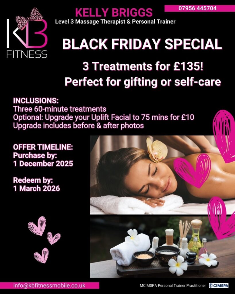An image of a woman enjoying her massage treatment and of luxury spa items including massage oils, soft towels and eucalyptus on a neutral background, creating a calming and premium wellness feel for a Black Friday massage offer.
