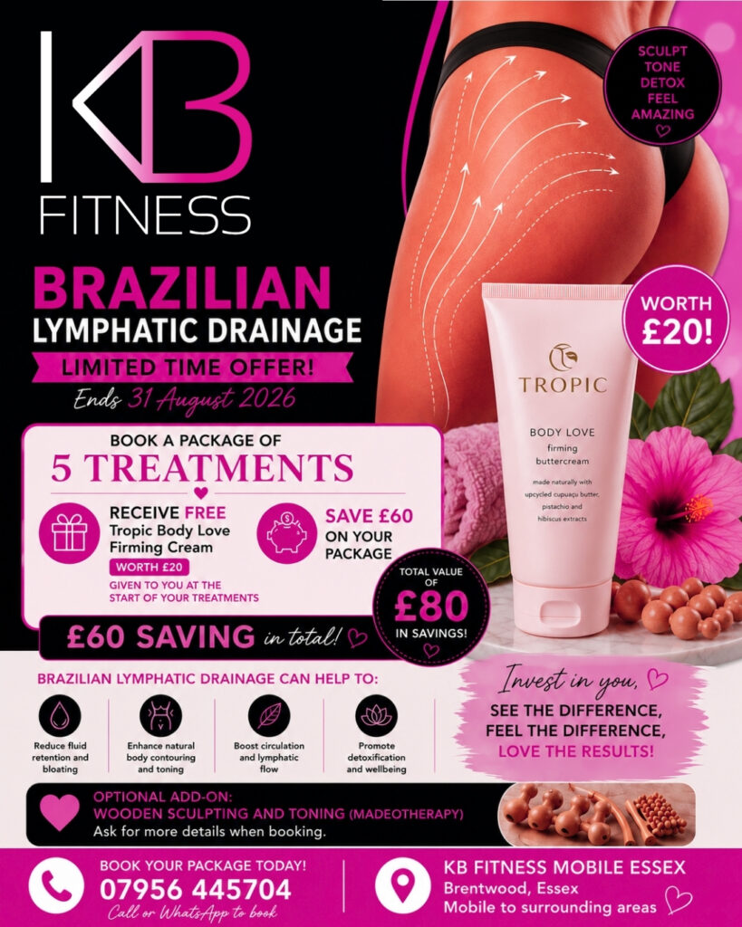 KB Fitness Mobile Essex promotional image advertising a limited time Brazilian Lymphatic Drainage offer in Brentwood, Essex. The promotion includes five Brazilian Lymphatic Drainage treatments with a £60 package saving and a free Tropic Body Love Firming Buttercream worth £20. The image highlights benefits including reduced bloating, improved lymphatic flow, enhanced body contouring, better circulation and overall wellbeing. Optional Maderotherapy Body Sculpting and Toning is also featured.